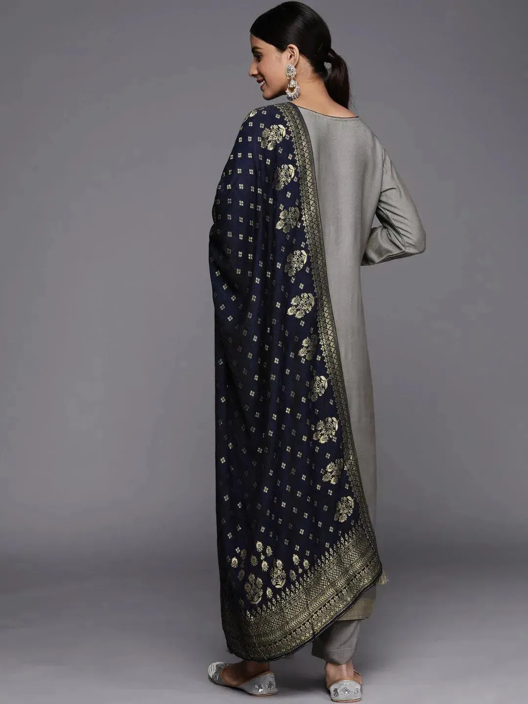 Grey Self Design Pashmina Wool Straight Kurta With Dupatta