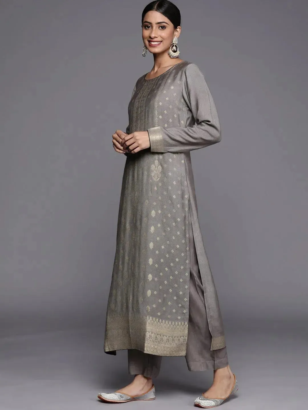 Grey Self Design Pashmina Wool Straight Kurta With Dupatta