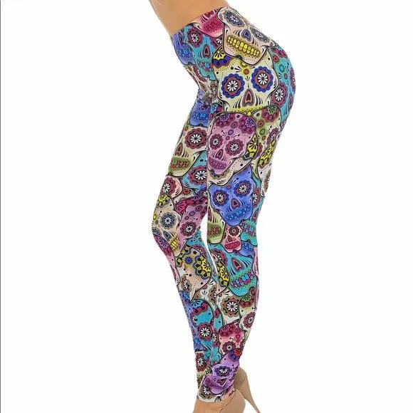 High Waisted Colorful Skulls Leggings Pants