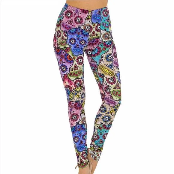High Waisted Colorful Skulls Leggings Pants