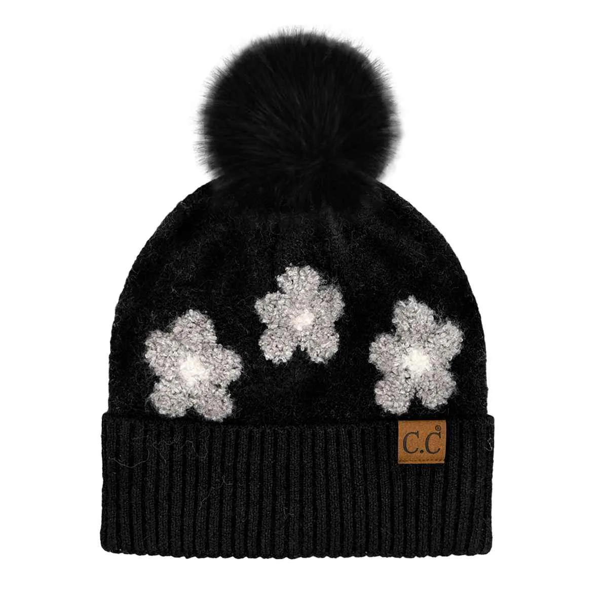 HTC0079 Darla Daisy Contrast Fur Pom Beanie