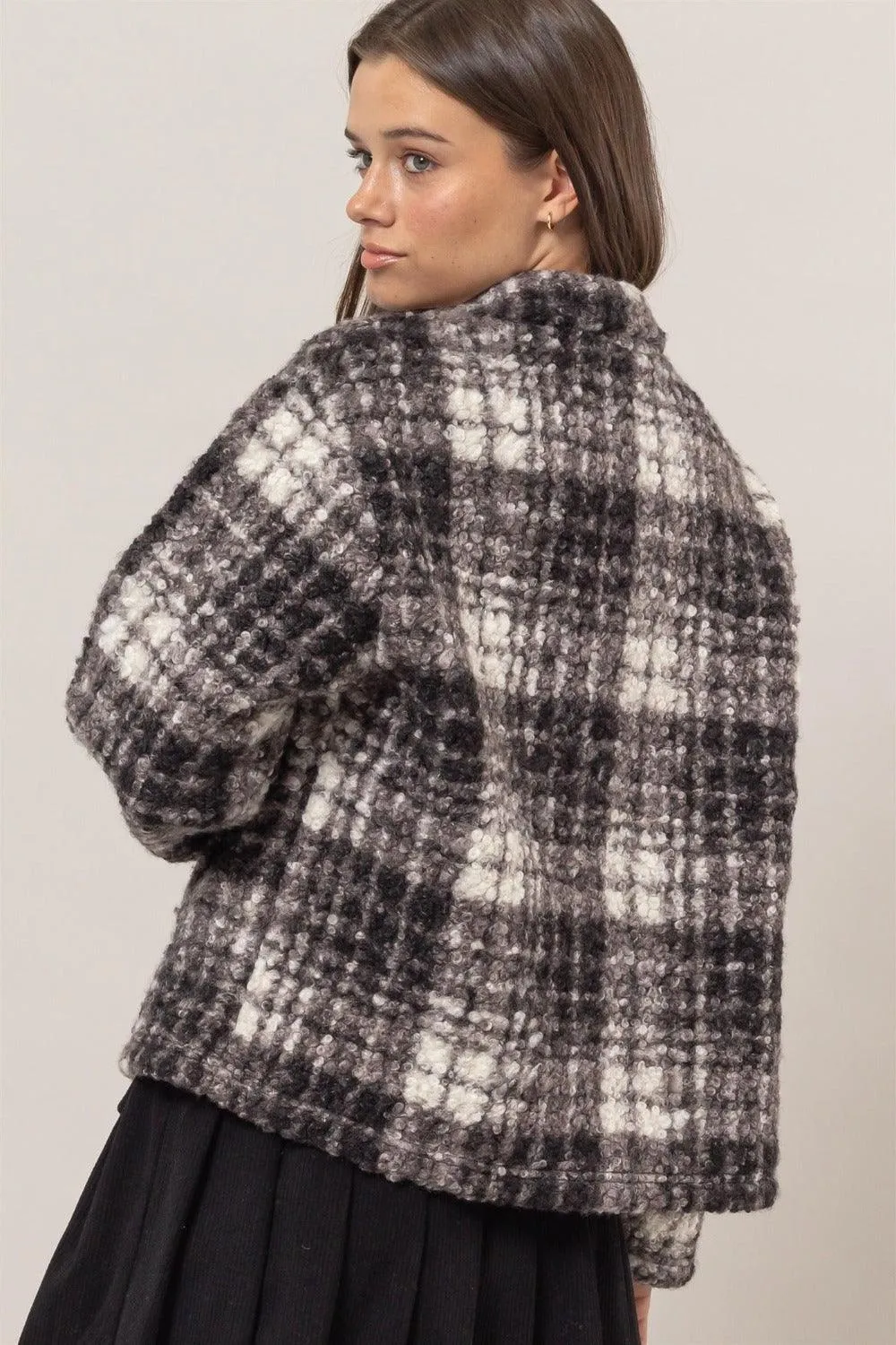 HYFVE Plaid Jacket Collared Neck Boucle with Pockets Long Sleeve