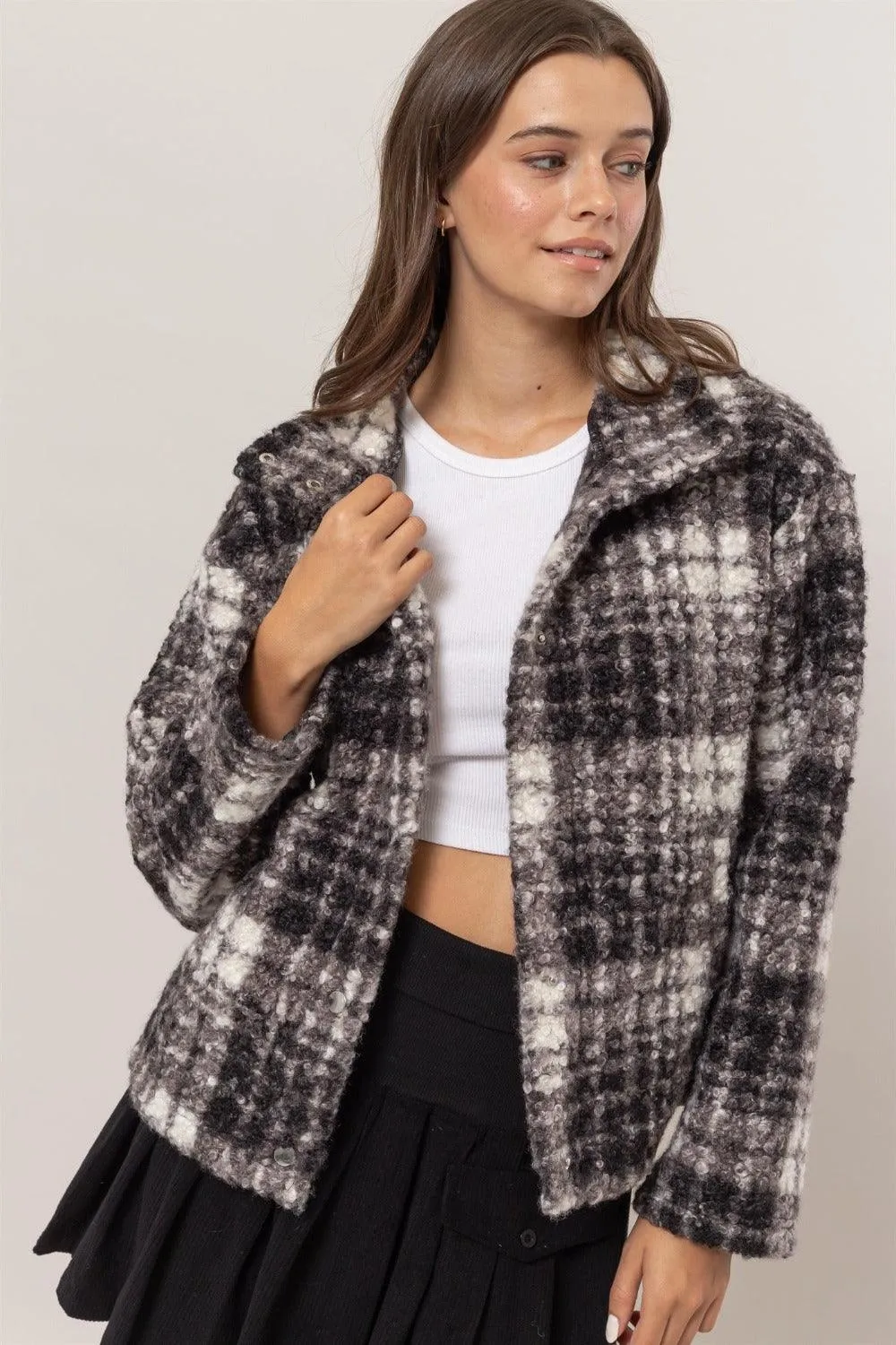 HYFVE Plaid Jacket Collared Neck Boucle with Pockets Long Sleeve