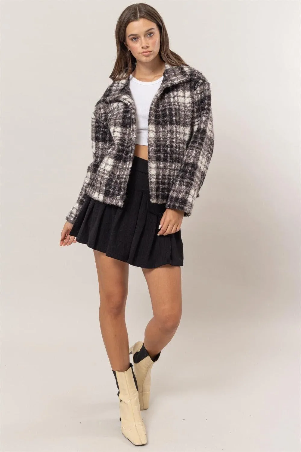 HYFVE Plaid Jacket Collared Neck Boucle with Pockets Long Sleeve