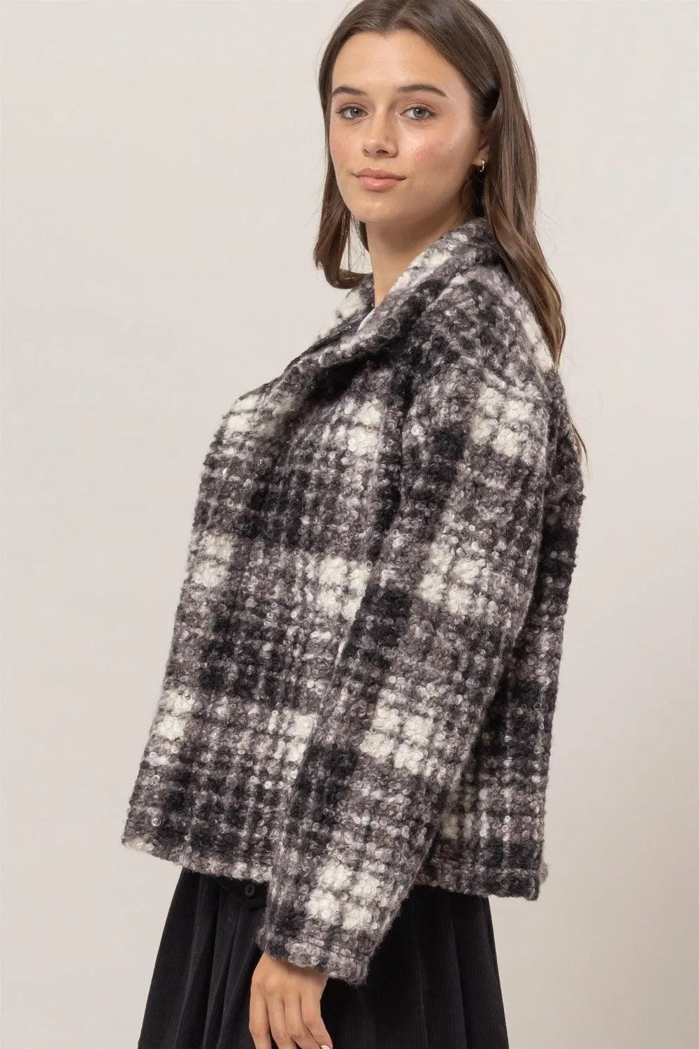 HYFVE Plaid Jacket Collared Neck Boucle with Pockets Long Sleeve