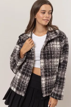 HYFVE Plaid Jacket Collared Neck Boucle with Pockets Long Sleeve