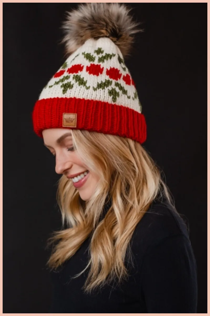 Ivory & Red Cherry Patterned Pom Beanie