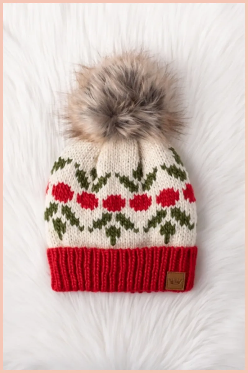 Ivory & Red Cherry Patterned Pom Beanie