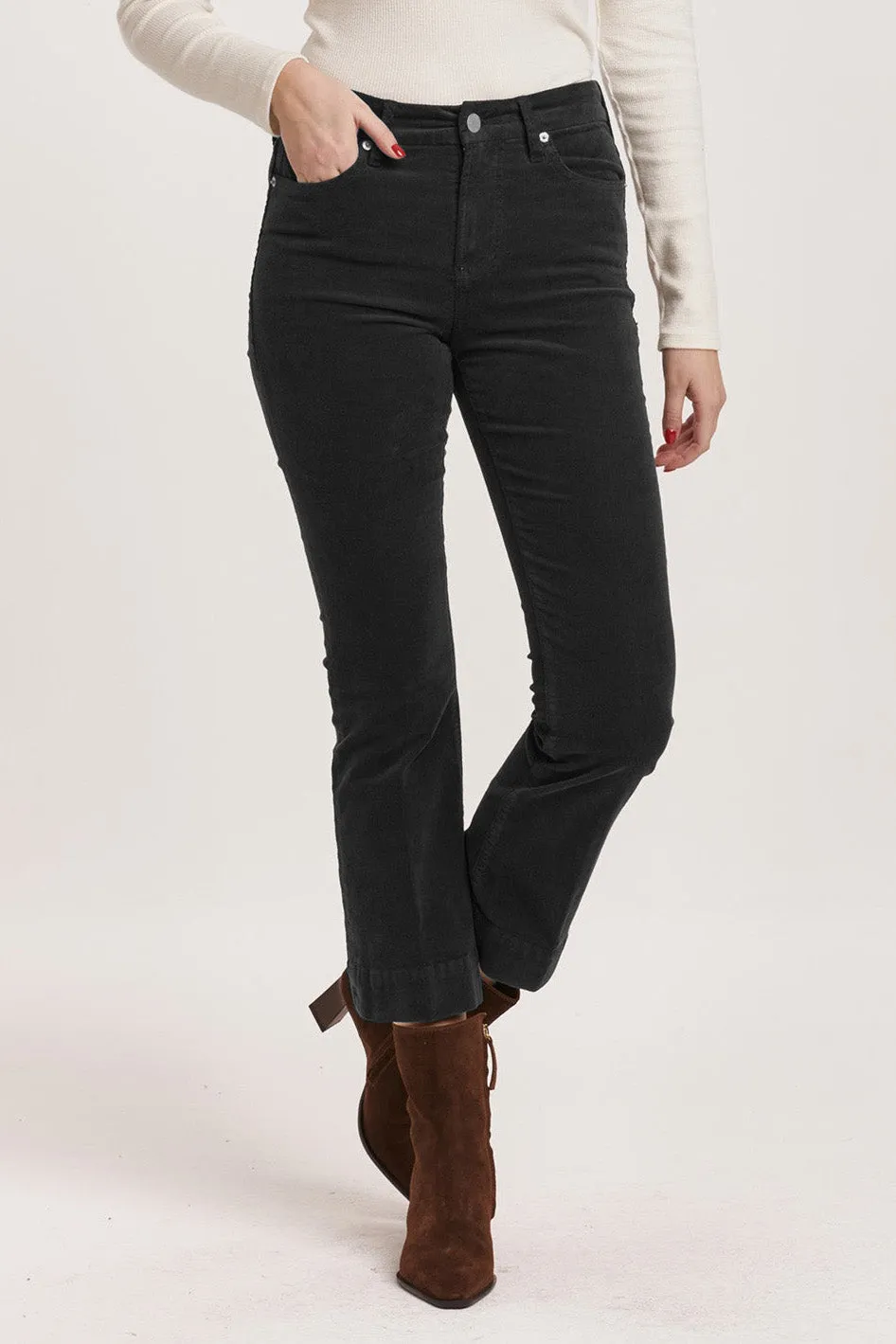 JEANNE MID RISE CROPPED FLARE PANTS BLACK CORDUROY