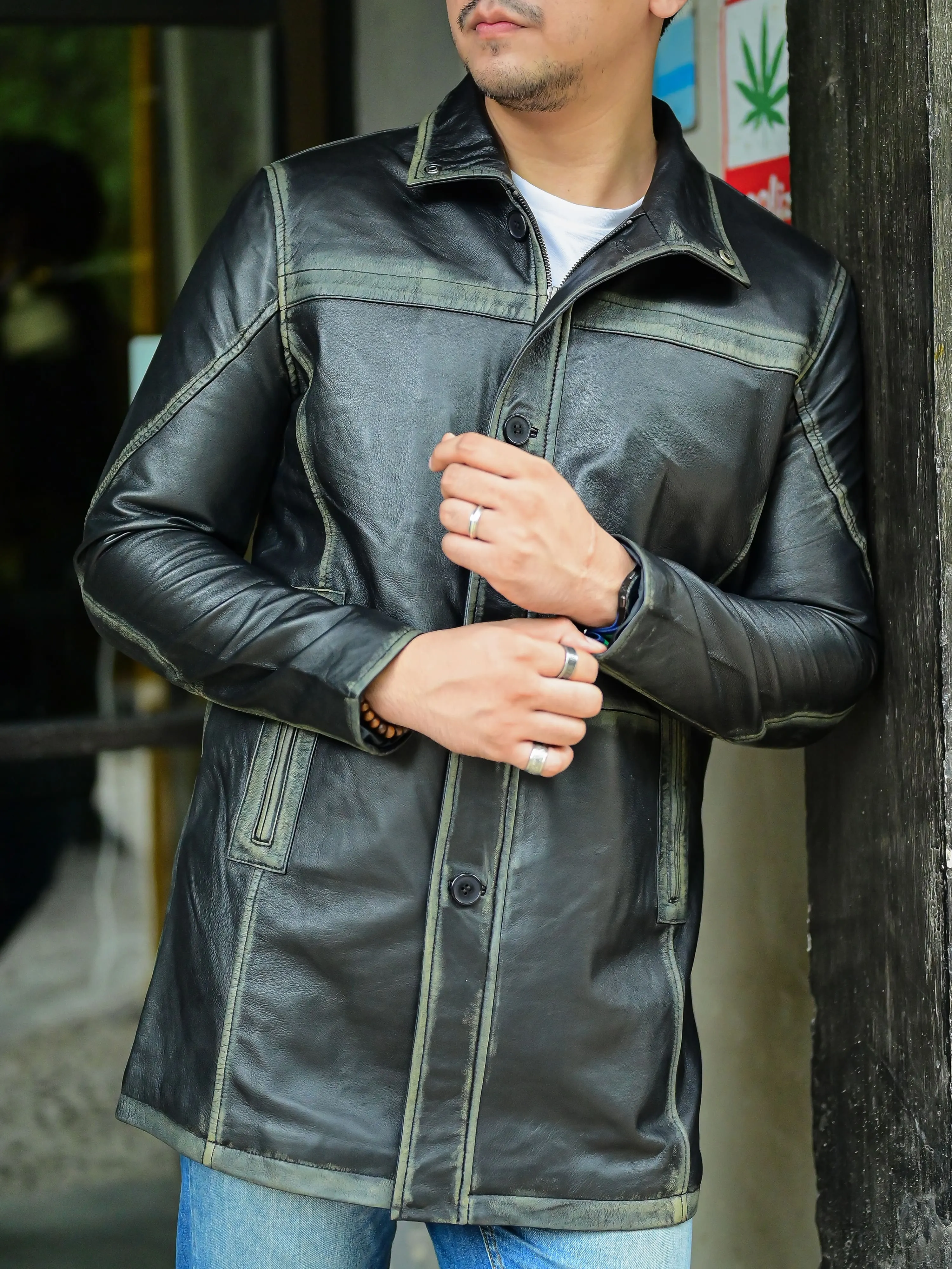 Jild 3/4 Length Trench Leather Car Coats for Men