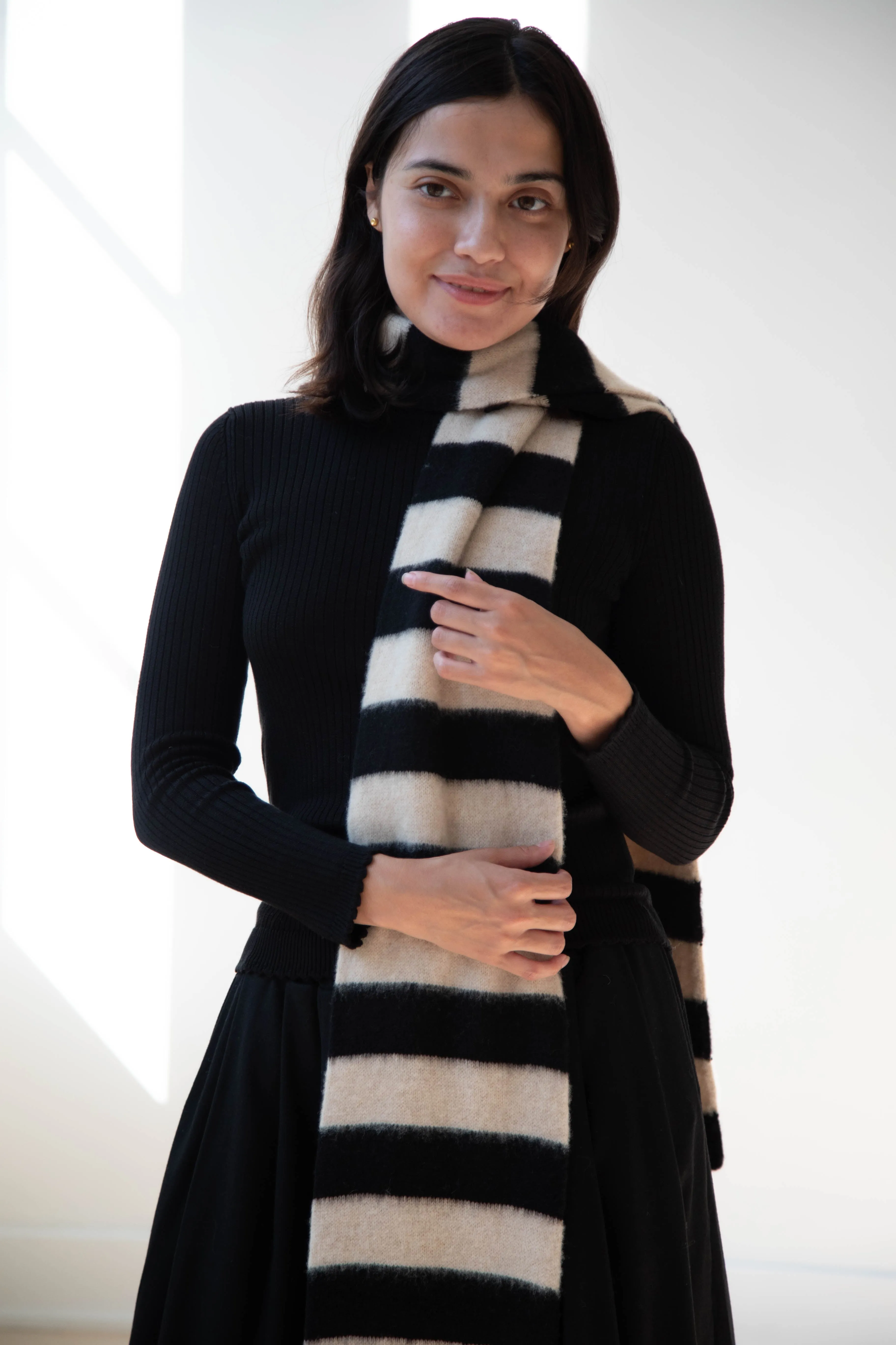 Jo Gordon | Brushed Stripe Scarf in Black & Oatmeal