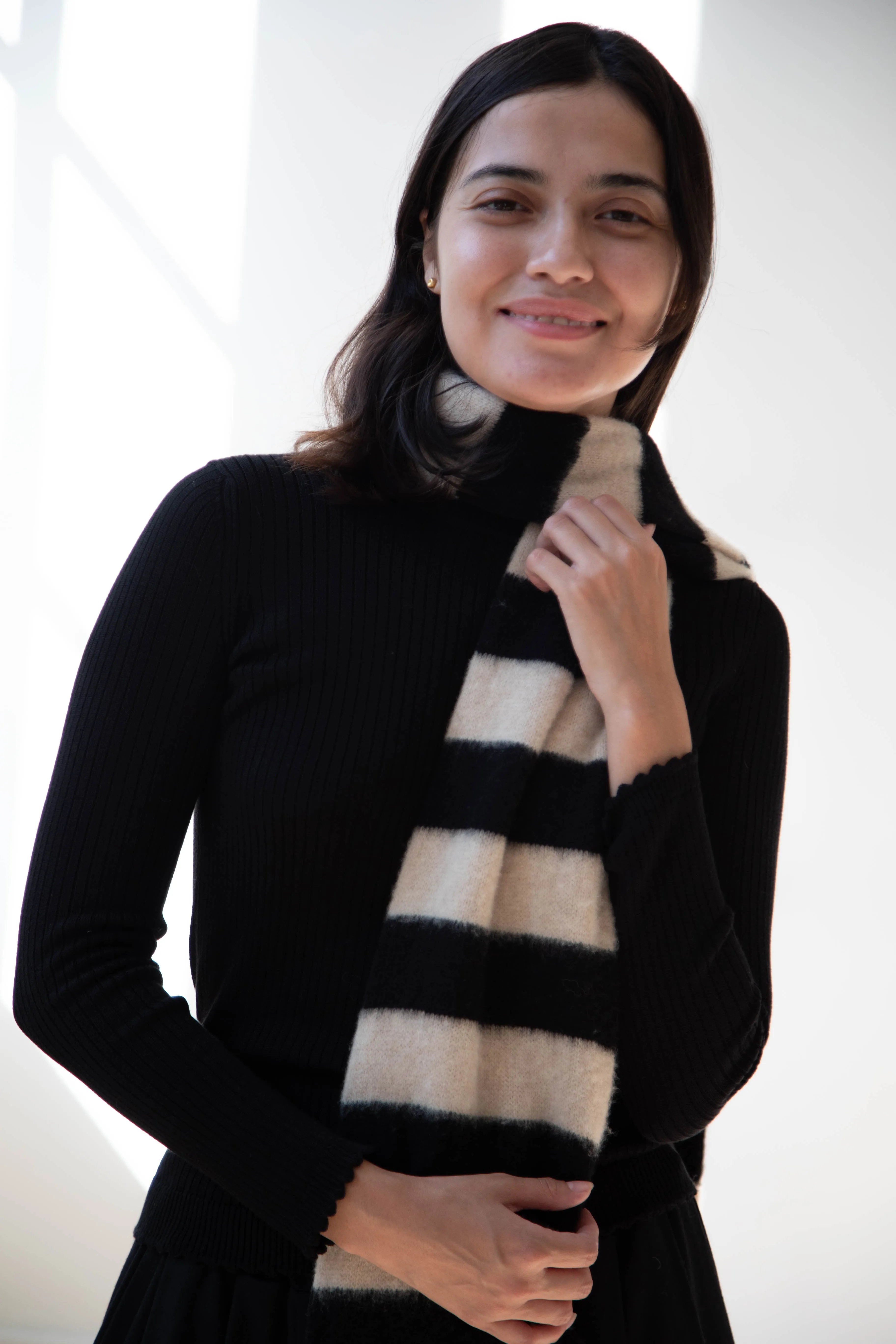 Jo Gordon | Brushed Stripe Scarf in Black & Oatmeal