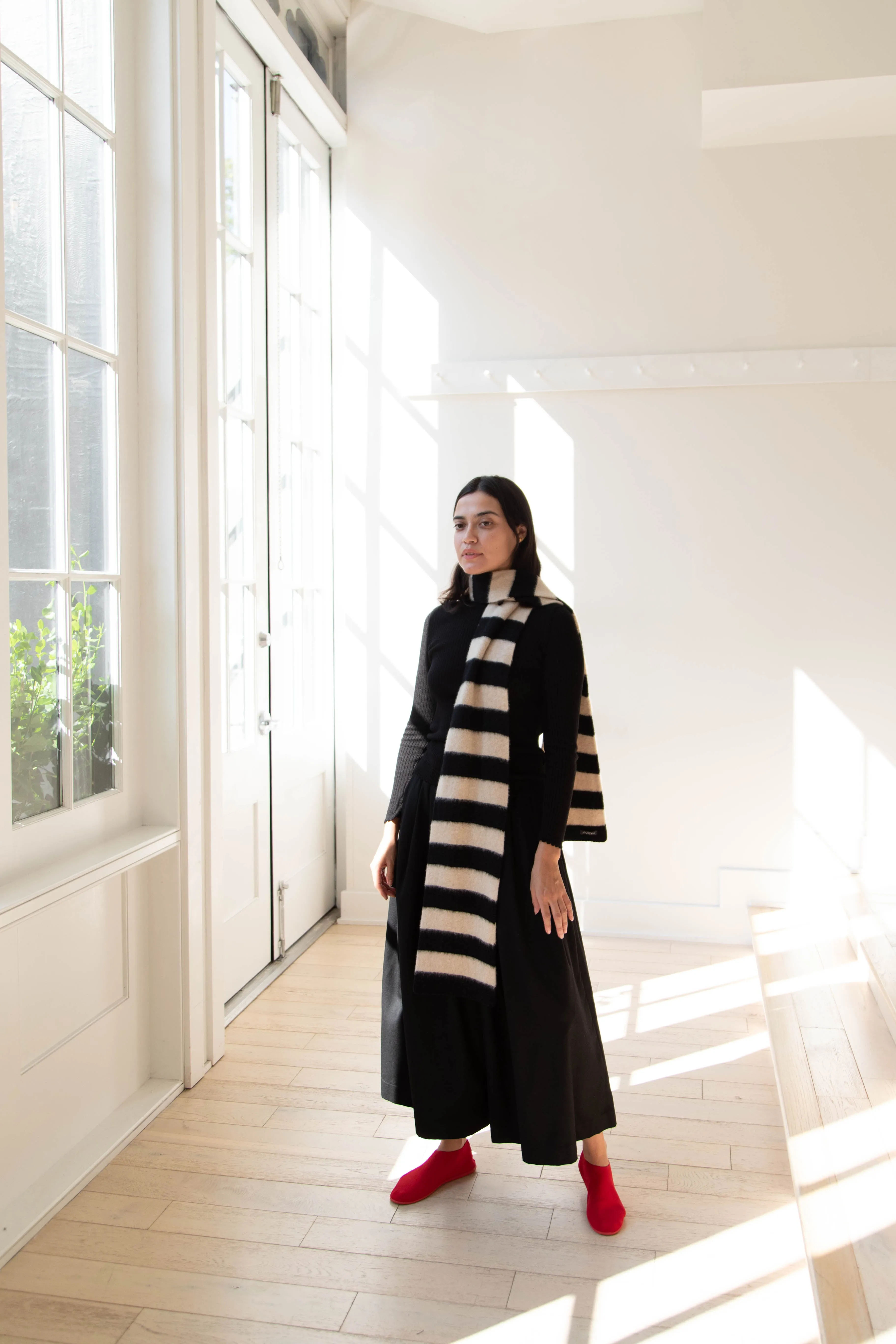 Jo Gordon | Brushed Stripe Scarf in Black & Oatmeal