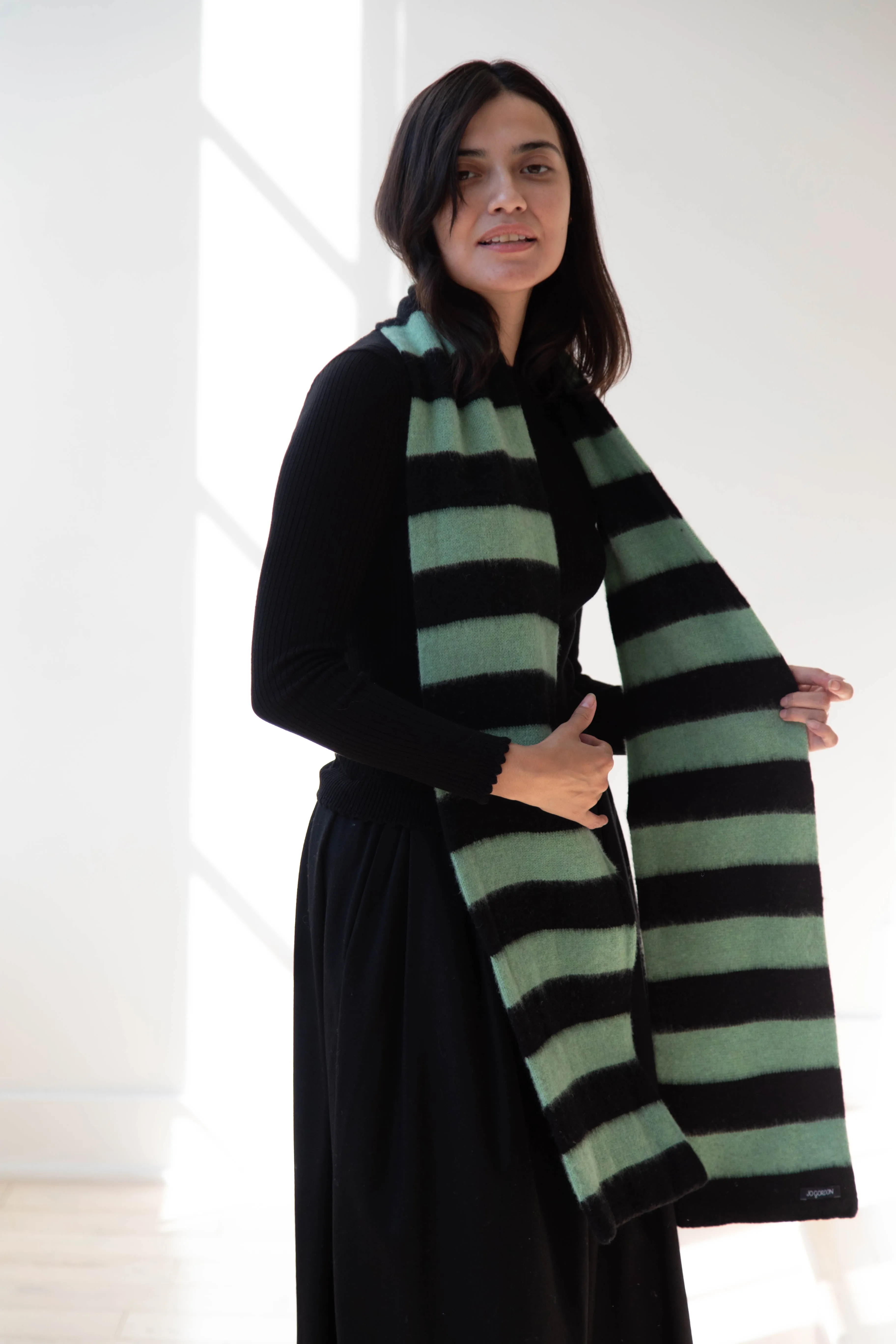Jo Gordon | Brushed Stripe Scarf in Black & Sage