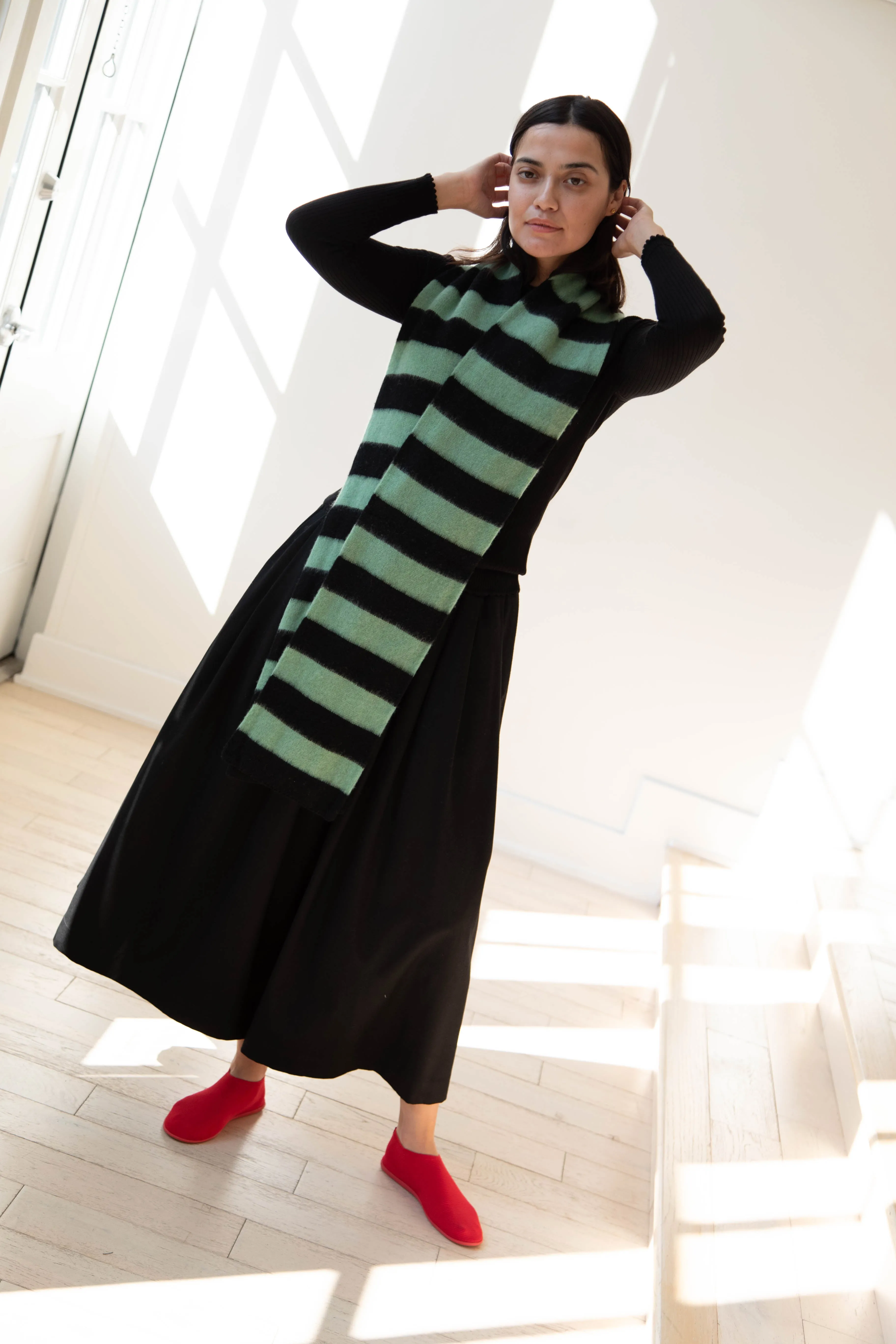 Jo Gordon | Brushed Stripe Scarf in Black & Sage