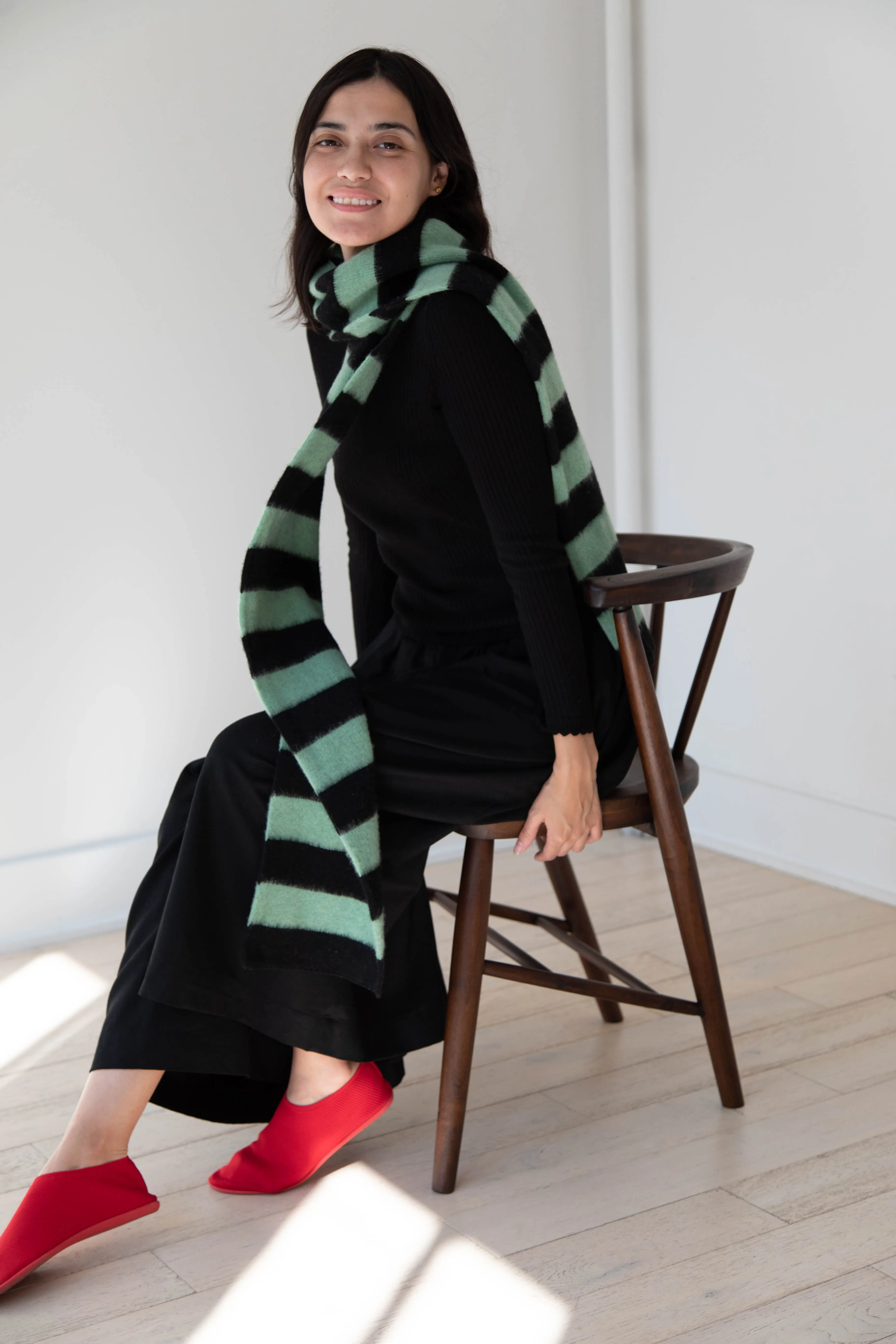 Jo Gordon | Brushed Stripe Scarf in Black & Sage