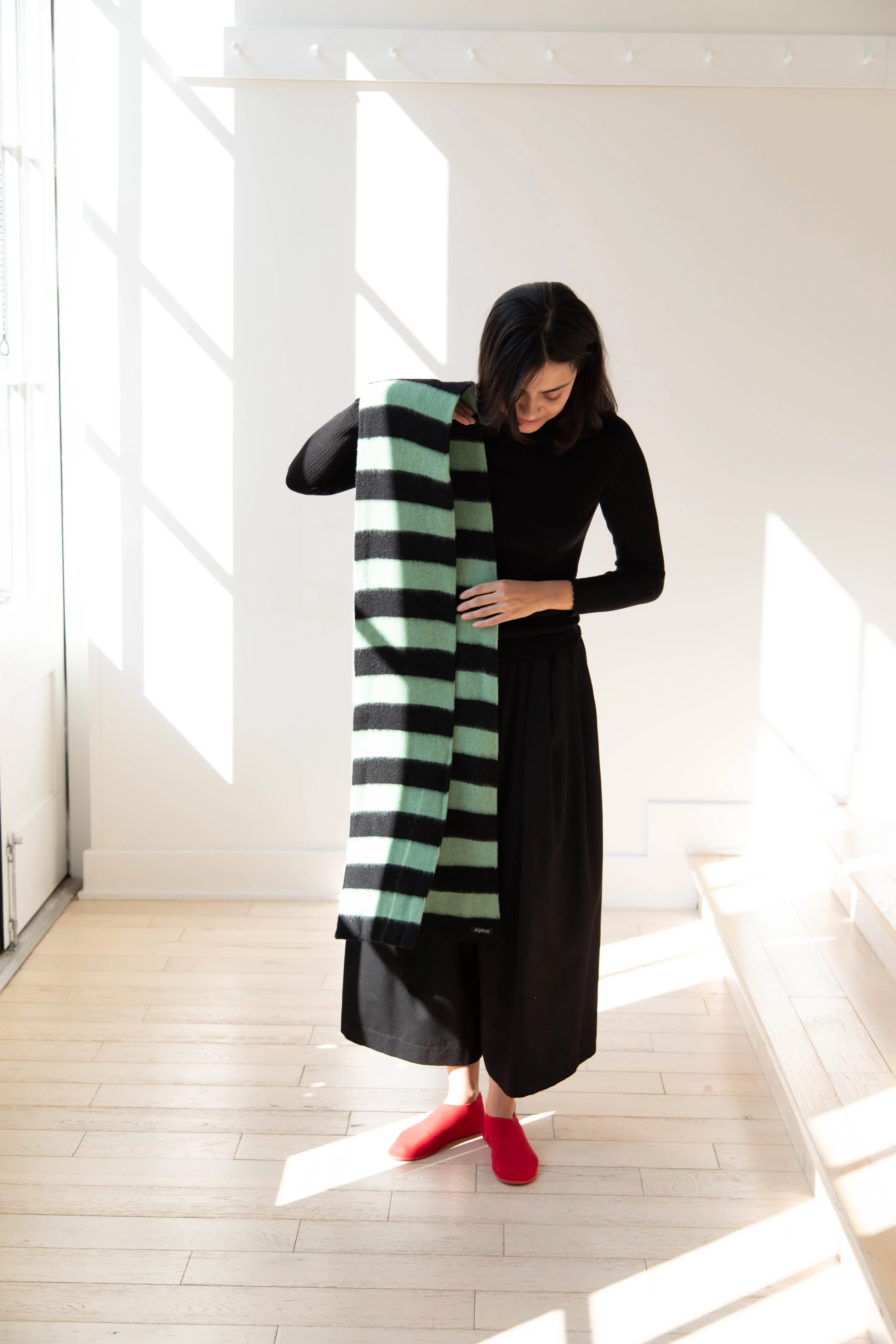 Jo Gordon | Brushed Stripe Scarf in Black & Sage