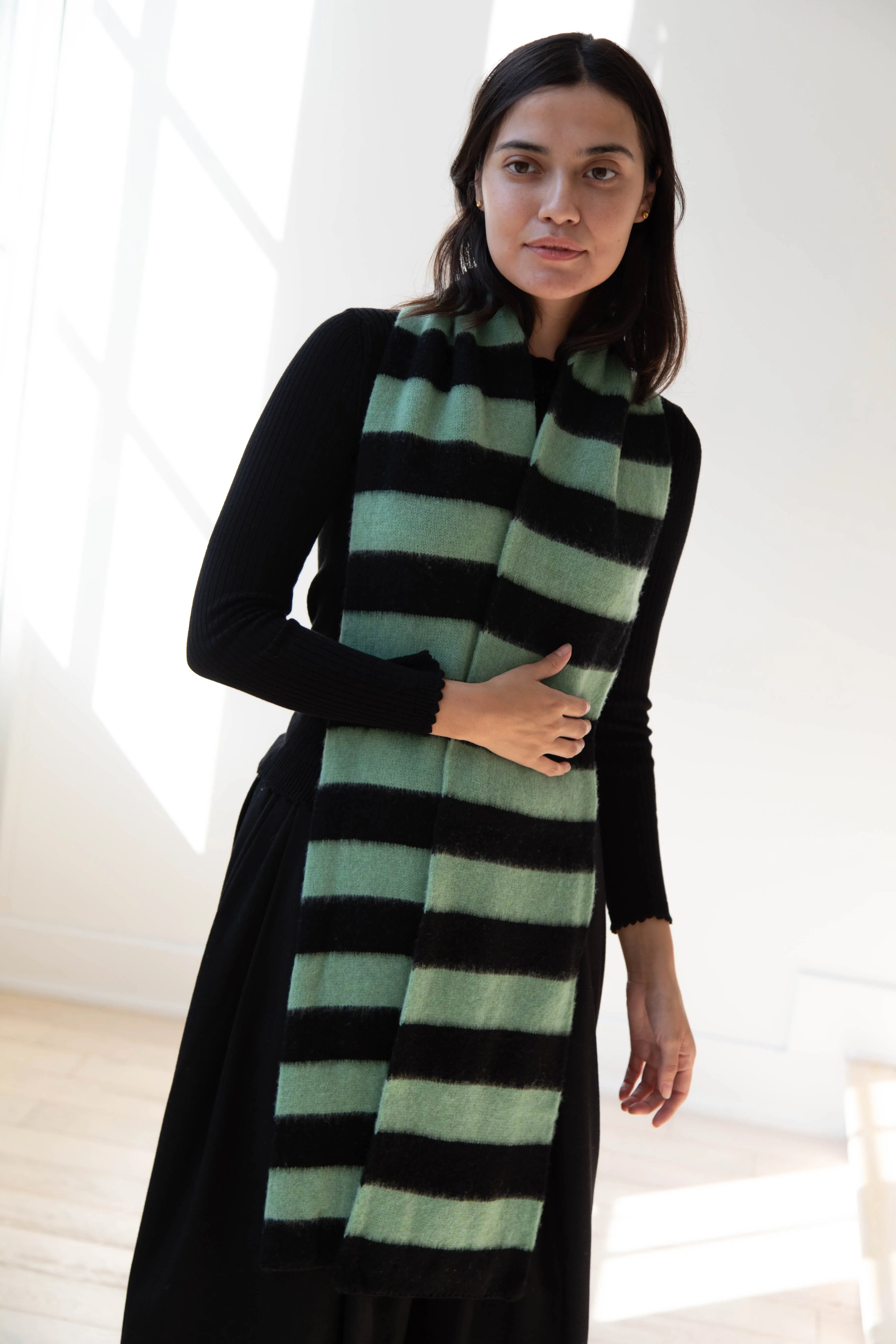 Jo Gordon | Brushed Stripe Scarf in Black & Sage
