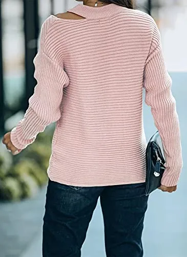 KIRUNDO 2021 Women’s Sweaters Halter Neck Off Shoulder Long Sleeves Knit Sweater Loose Solid Pullovers Tops (Pink, X-Large)