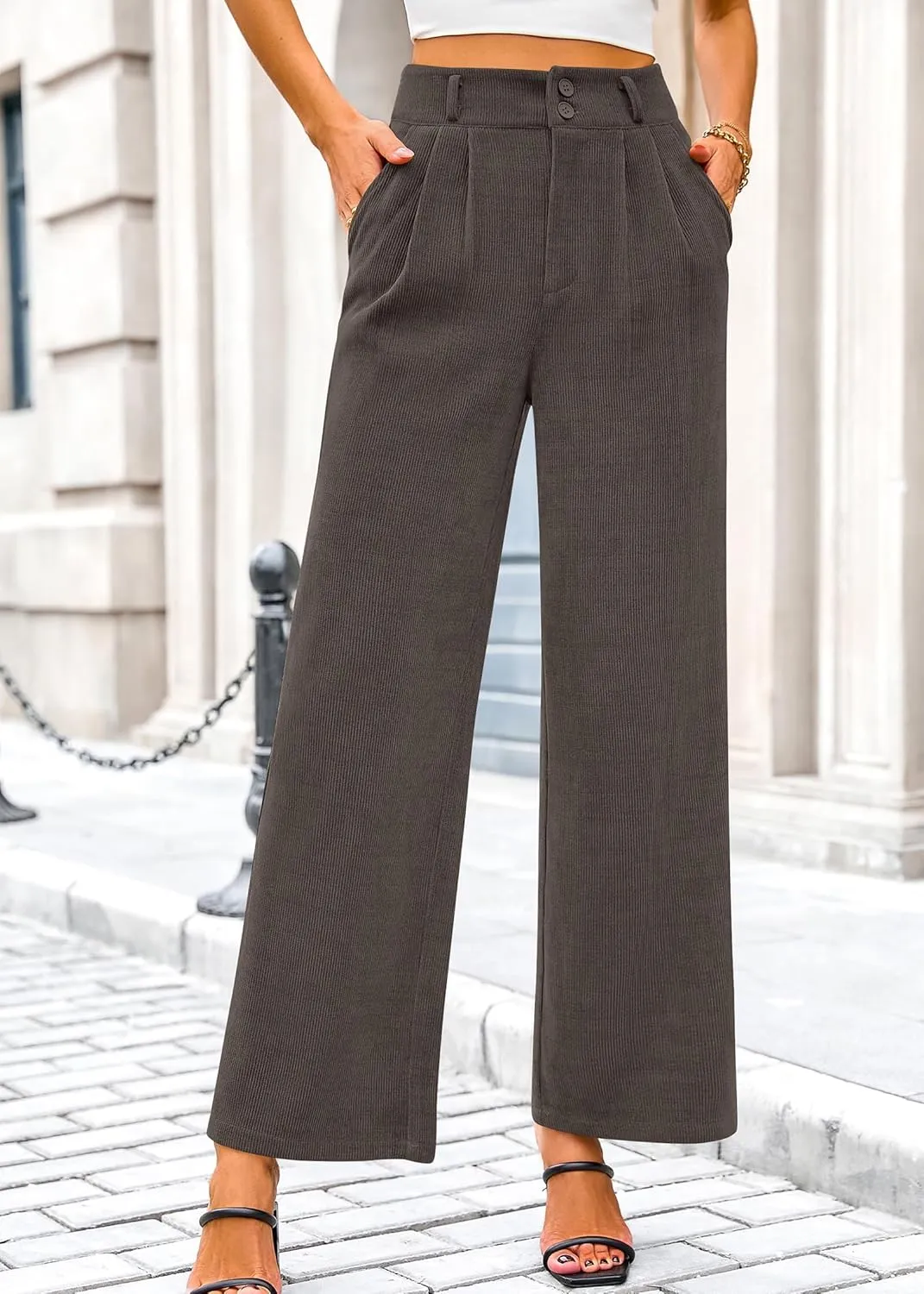 KIRUNDO Corduroy Pants Women High Waisted Wide Leg Pants Business Casual Fall Winter Straight Loose Trousers with Pockets