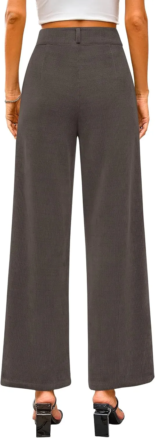 KIRUNDO Corduroy Pants Women High Waisted Wide Leg Pants Business Casual Fall Winter Straight Loose Trousers with Pockets
