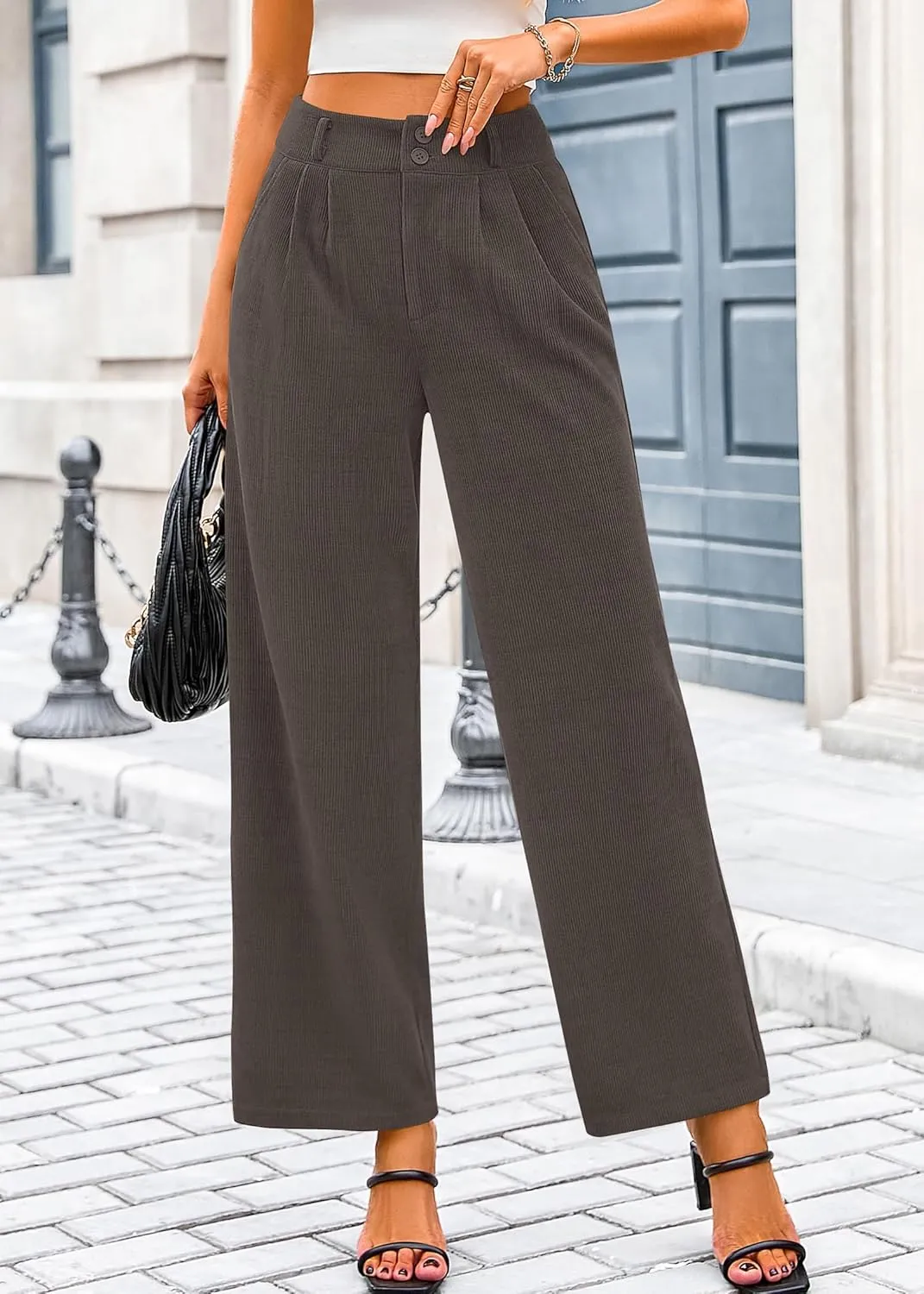 KIRUNDO Corduroy Pants Women High Waisted Wide Leg Pants Business Casual Fall Winter Straight Loose Trousers with Pockets