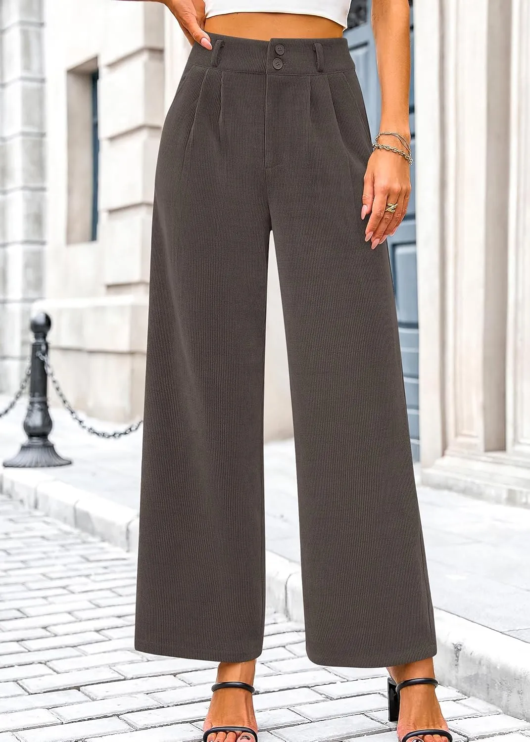 KIRUNDO Corduroy Pants Women High Waisted Wide Leg Pants Business Casual Fall Winter Straight Loose Trousers with Pockets