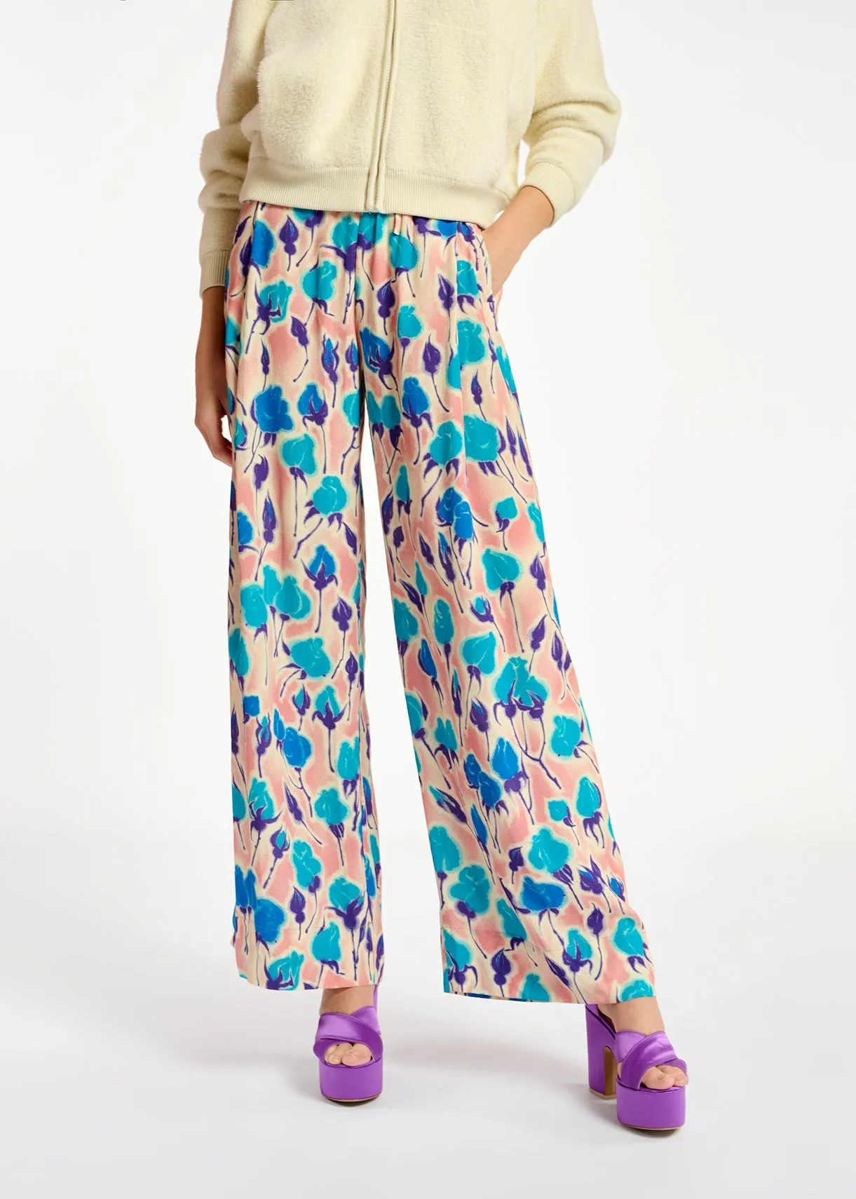 Light pink, blue and purple floral print wide-leg pants