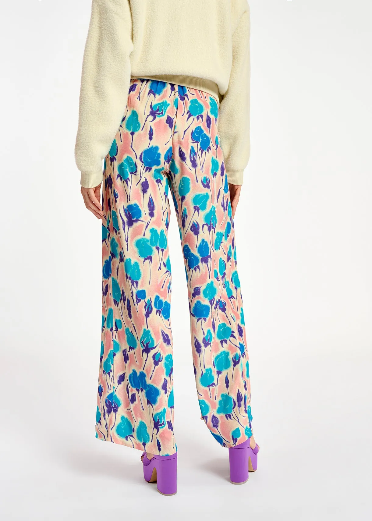Light pink, blue and purple floral print wide-leg pants