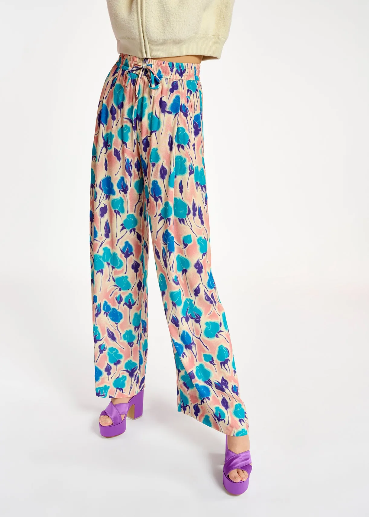 Light pink, blue and purple floral print wide-leg pants