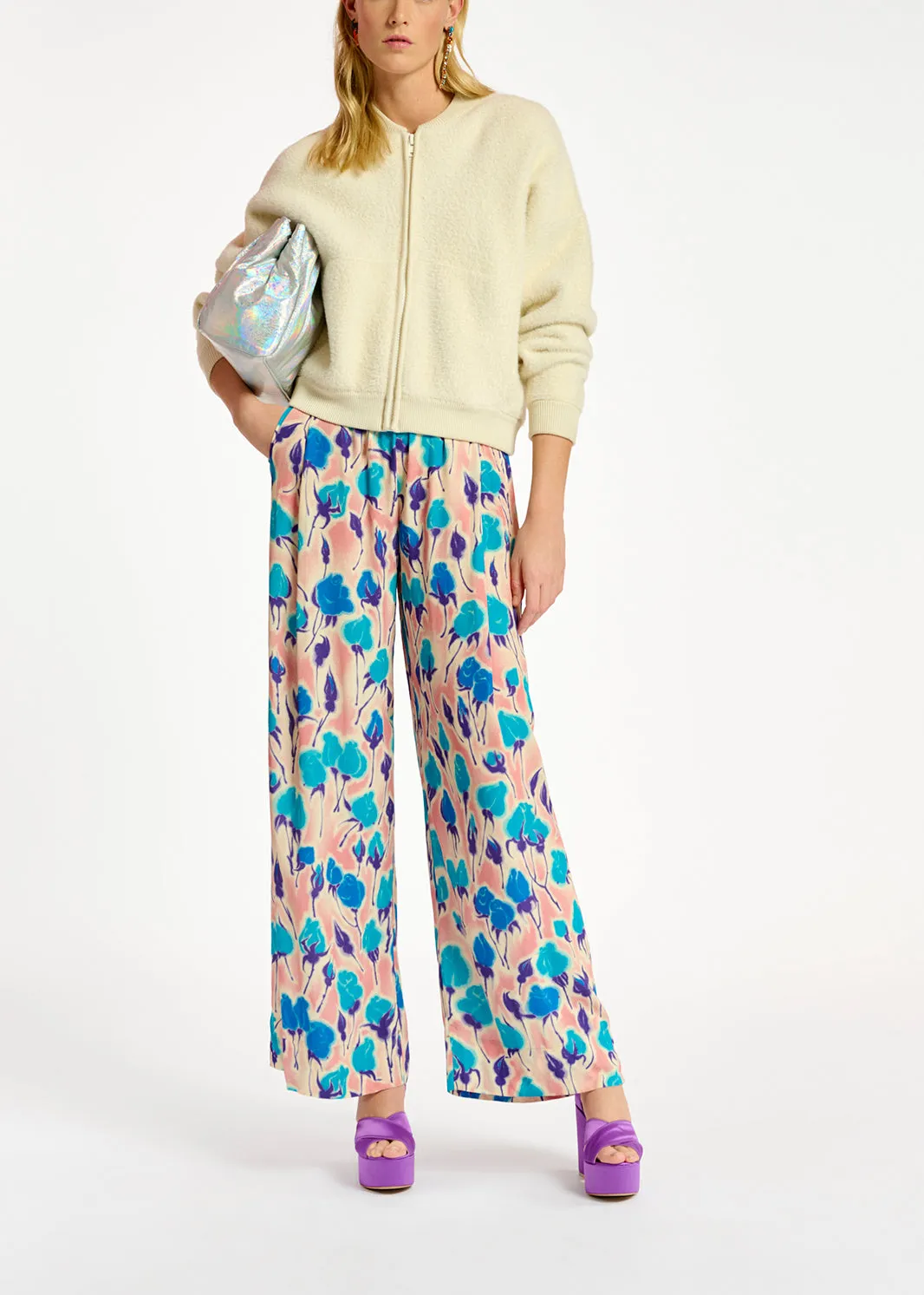 Light pink, blue and purple floral print wide-leg pants