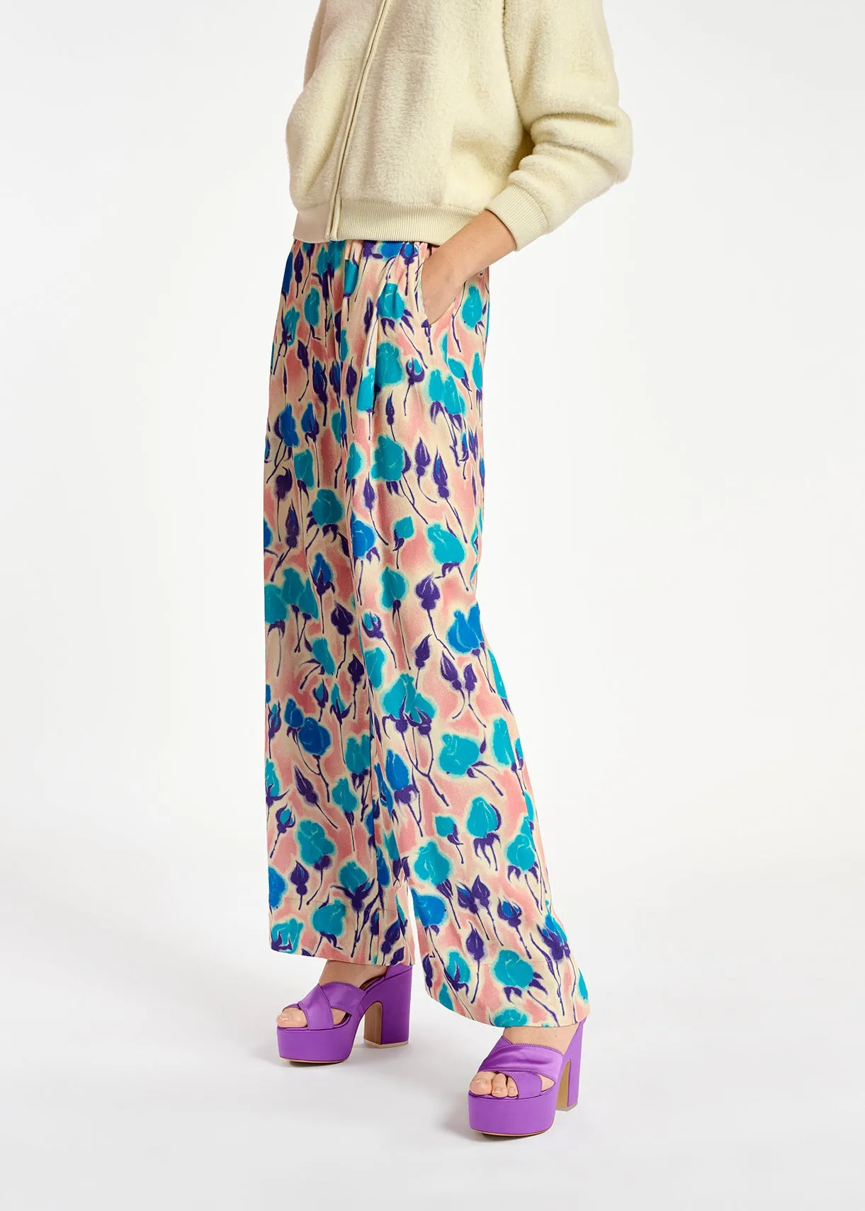 Light pink, blue and purple floral print wide-leg pants