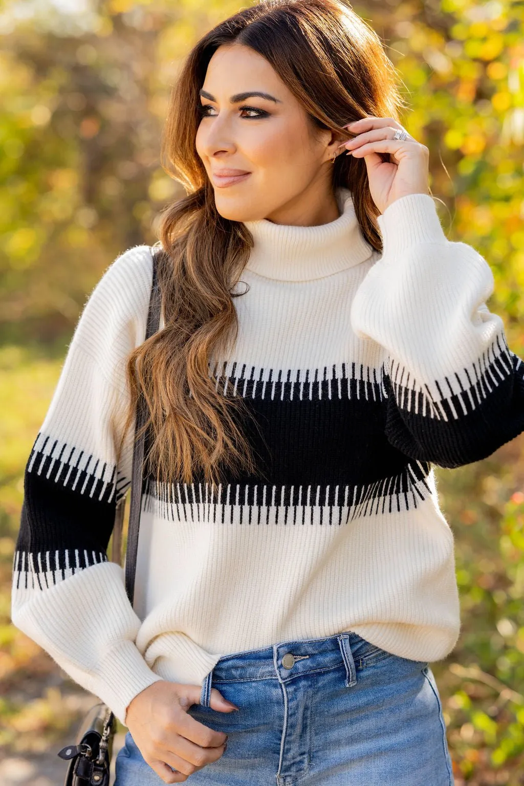 Lined Stripe Relaxed Sleeve Turtleneck Sweater