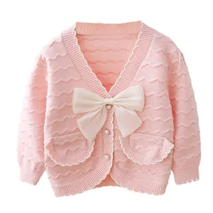 Little Surprise box Pink Ruffled Cardigan with Big White Bow Winter Warmer Sweater for Toddlers & Kids
