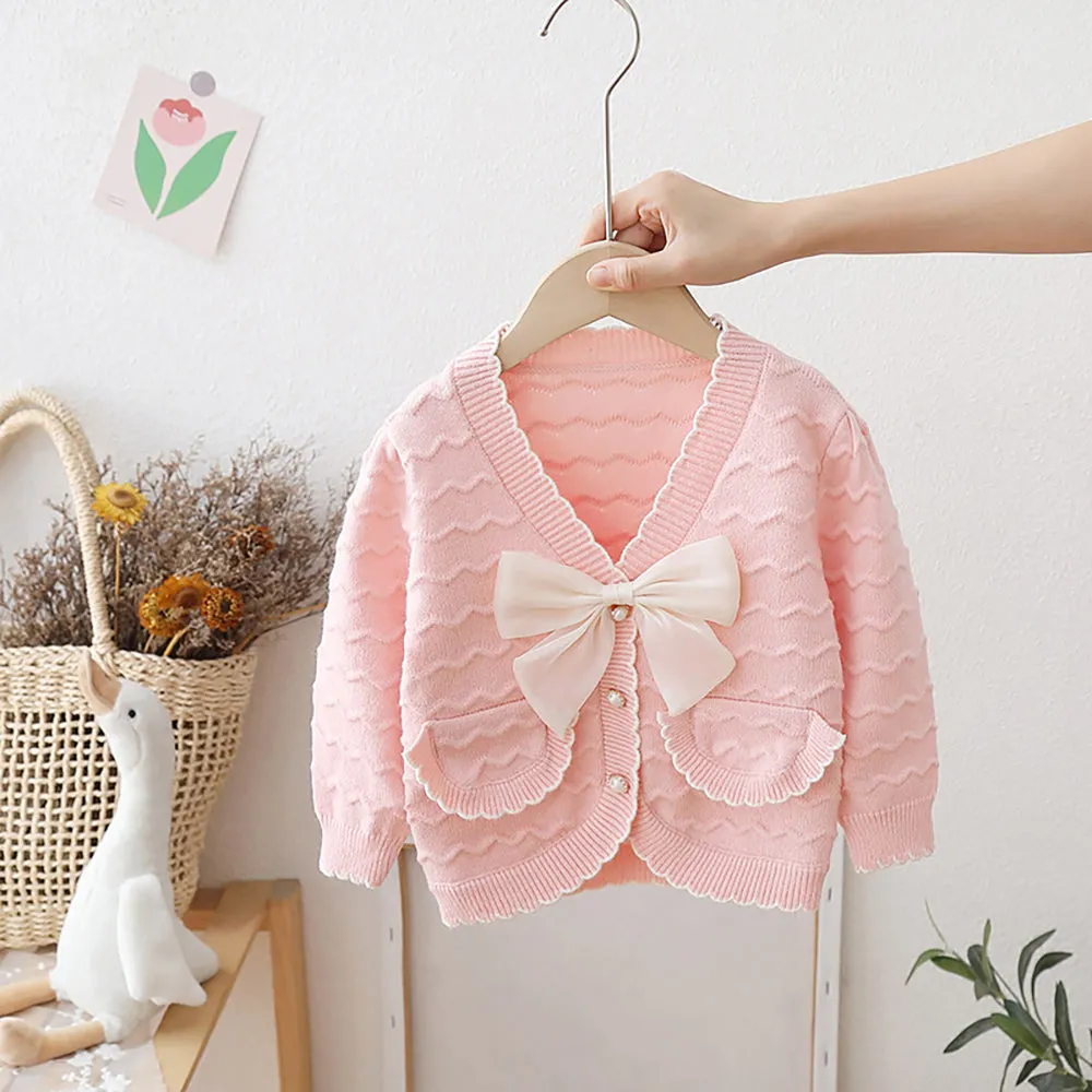 Little Surprise box Pink Ruffled Cardigan with Big White Bow Winter Warmer Sweater for Toddlers & Kids