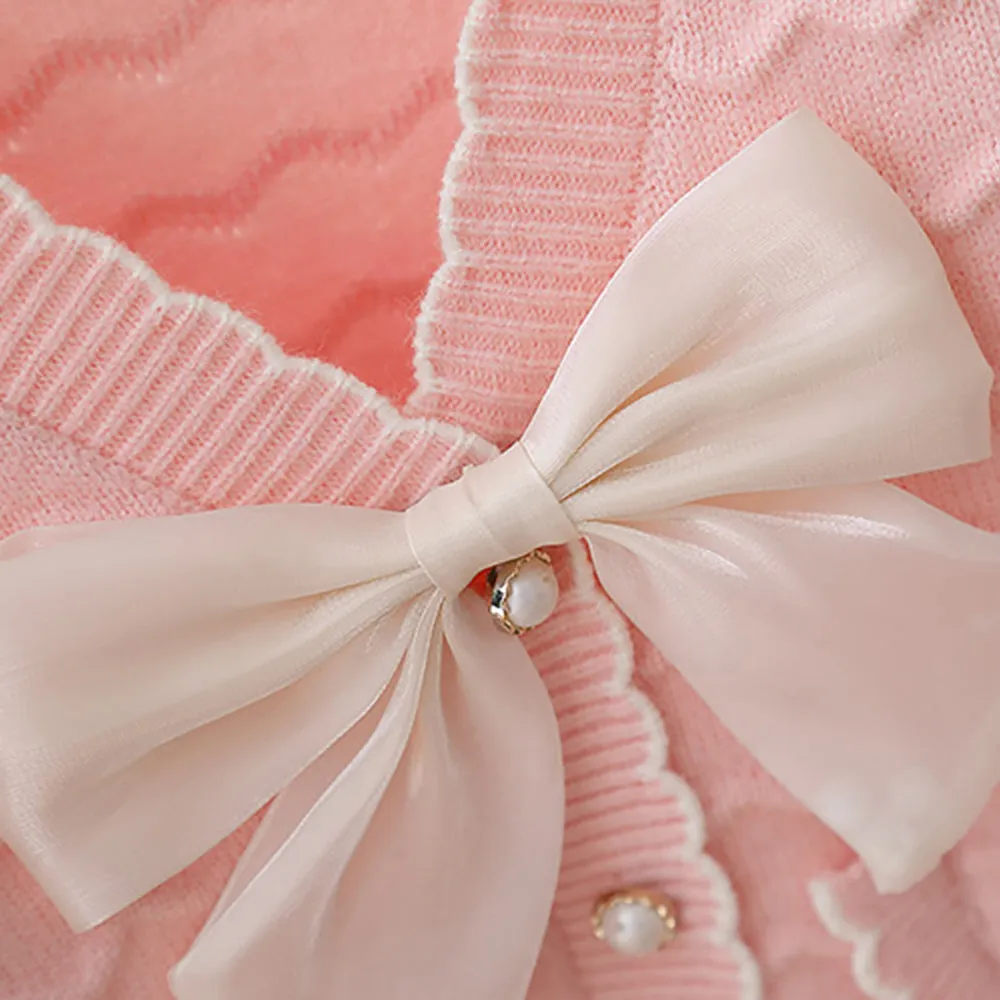 Little Surprise box Pink Ruffled Cardigan with Big White Bow Winter Warmer Sweater for Toddlers & Kids