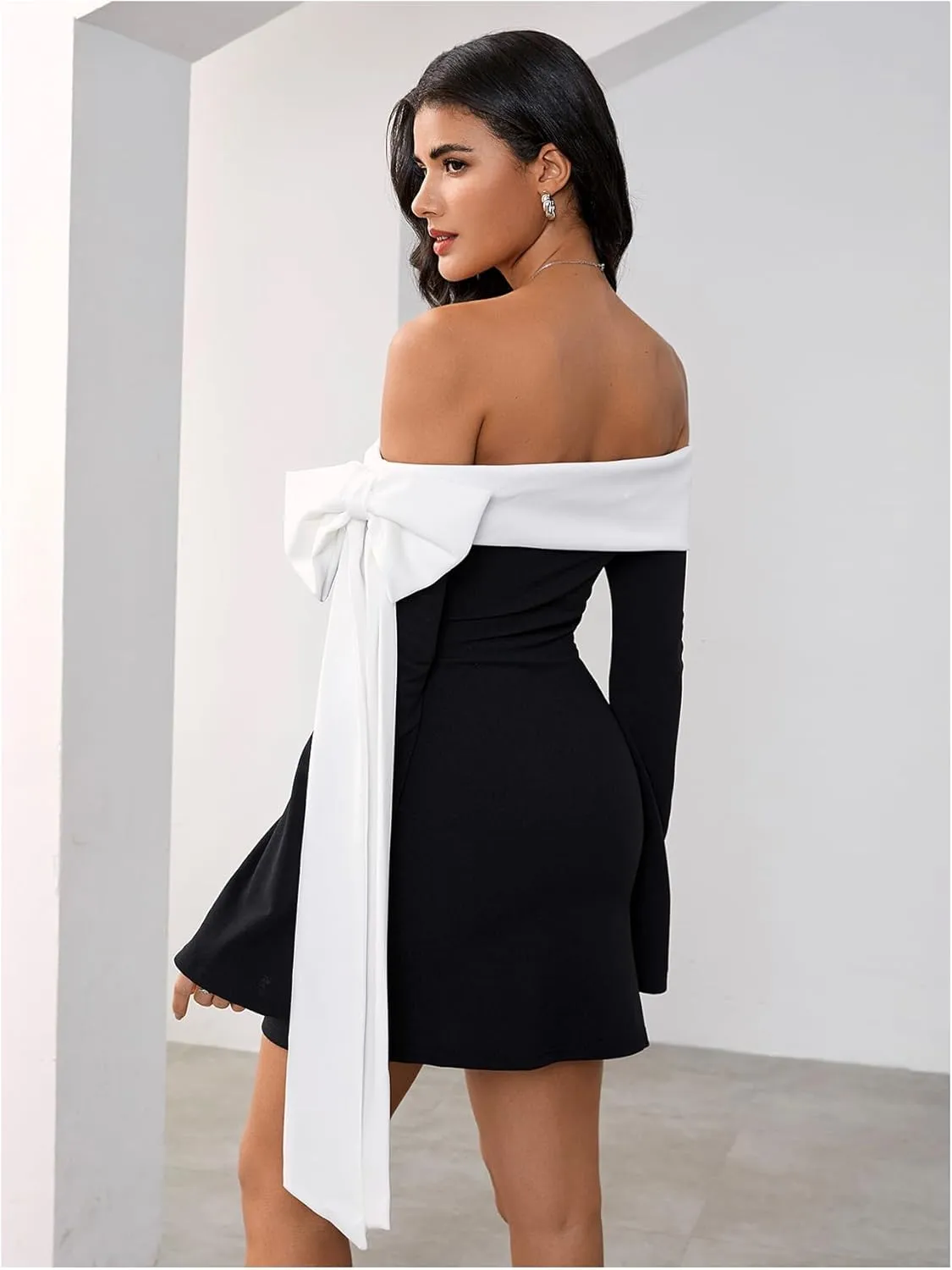 MakeMeChic Women's Off The Shoulder Bell Sleeve Mini Dress Bowknot Cocktail Party Bodycon Dresses