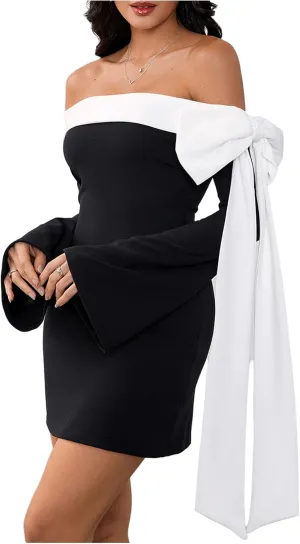 MakeMeChic Women's Off The Shoulder Bell Sleeve Mini Dress Bowknot Cocktail Party Bodycon Dresses