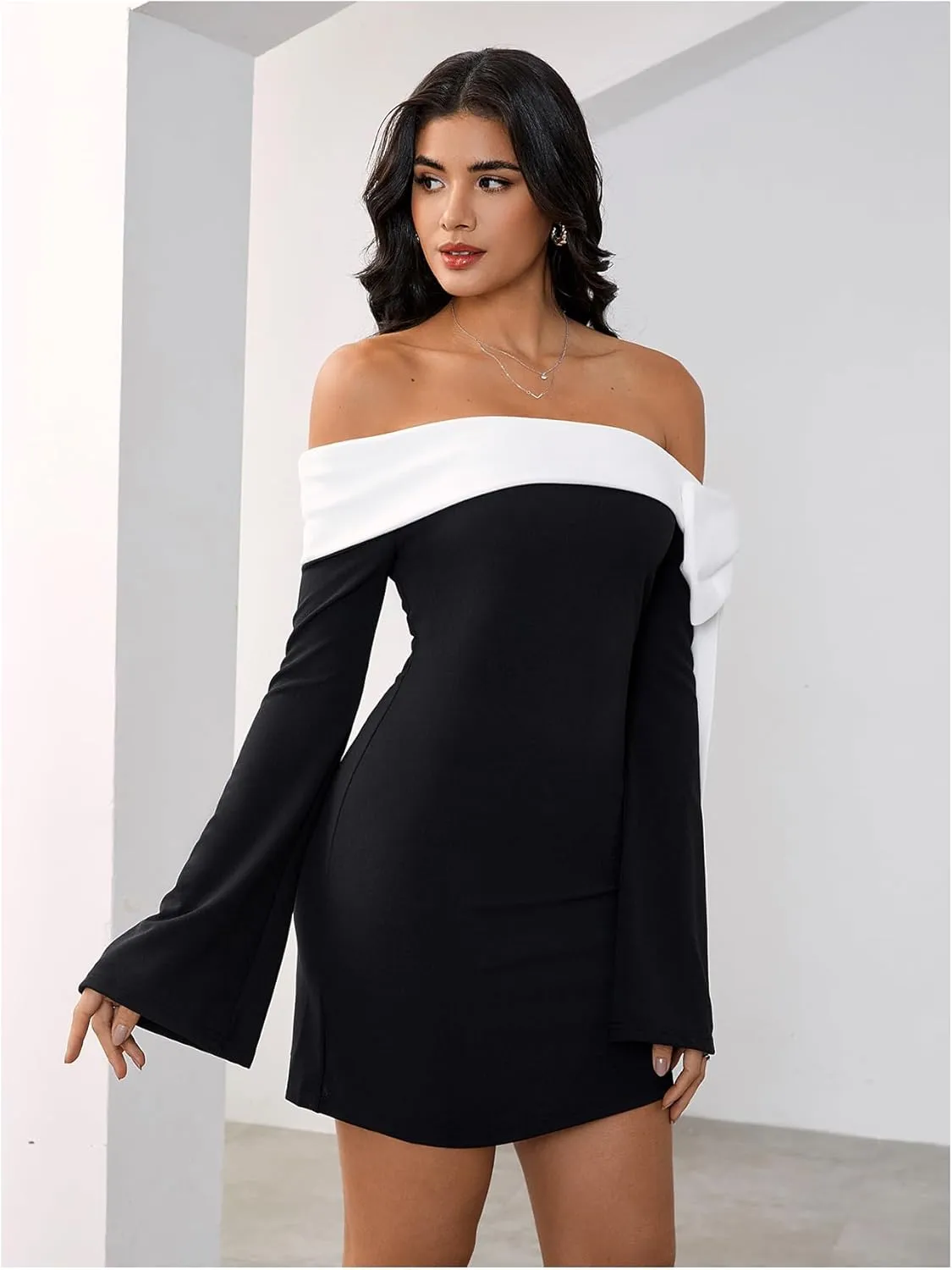 MakeMeChic Women's Off The Shoulder Bell Sleeve Mini Dress Bowknot Cocktail Party Bodycon Dresses