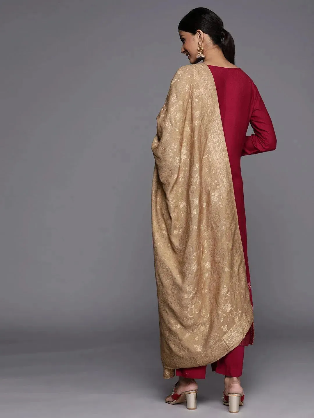 Maroon Self Design Pashmina Wool Straight Kurta With Dupatta
