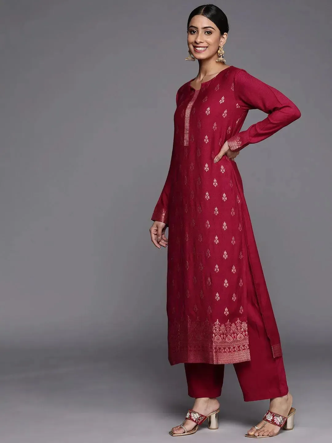Maroon Self Design Pashmina Wool Straight Kurta With Dupatta