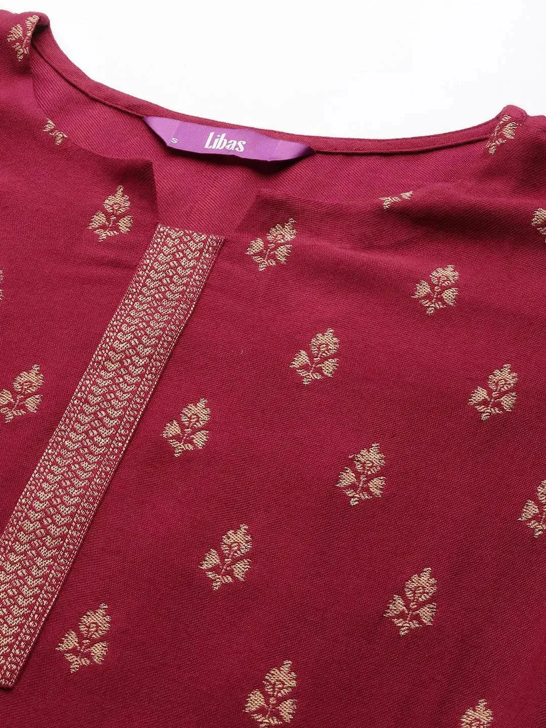 Maroon Self Design Pashmina Wool Straight Kurta With Dupatta