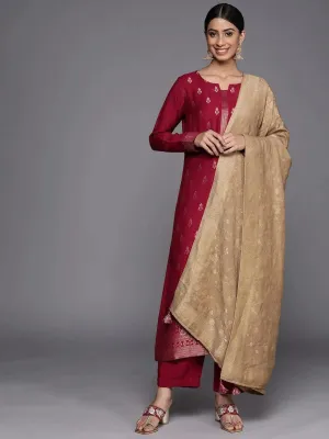 Maroon Self Design Pashmina Wool Straight Kurta With Dupatta