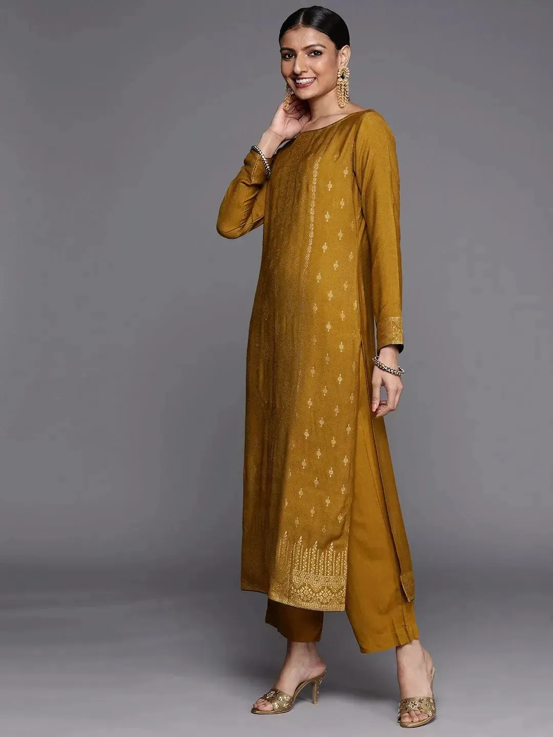 Mustard Self Design Pashmina Wool Straight Kurta With Dupatta