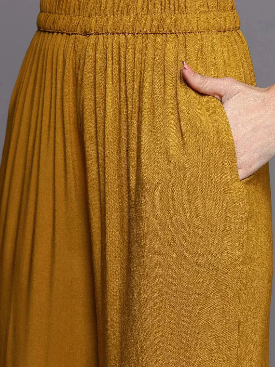 Mustard Self Design Pashmina Wool Straight Kurta With Dupatta