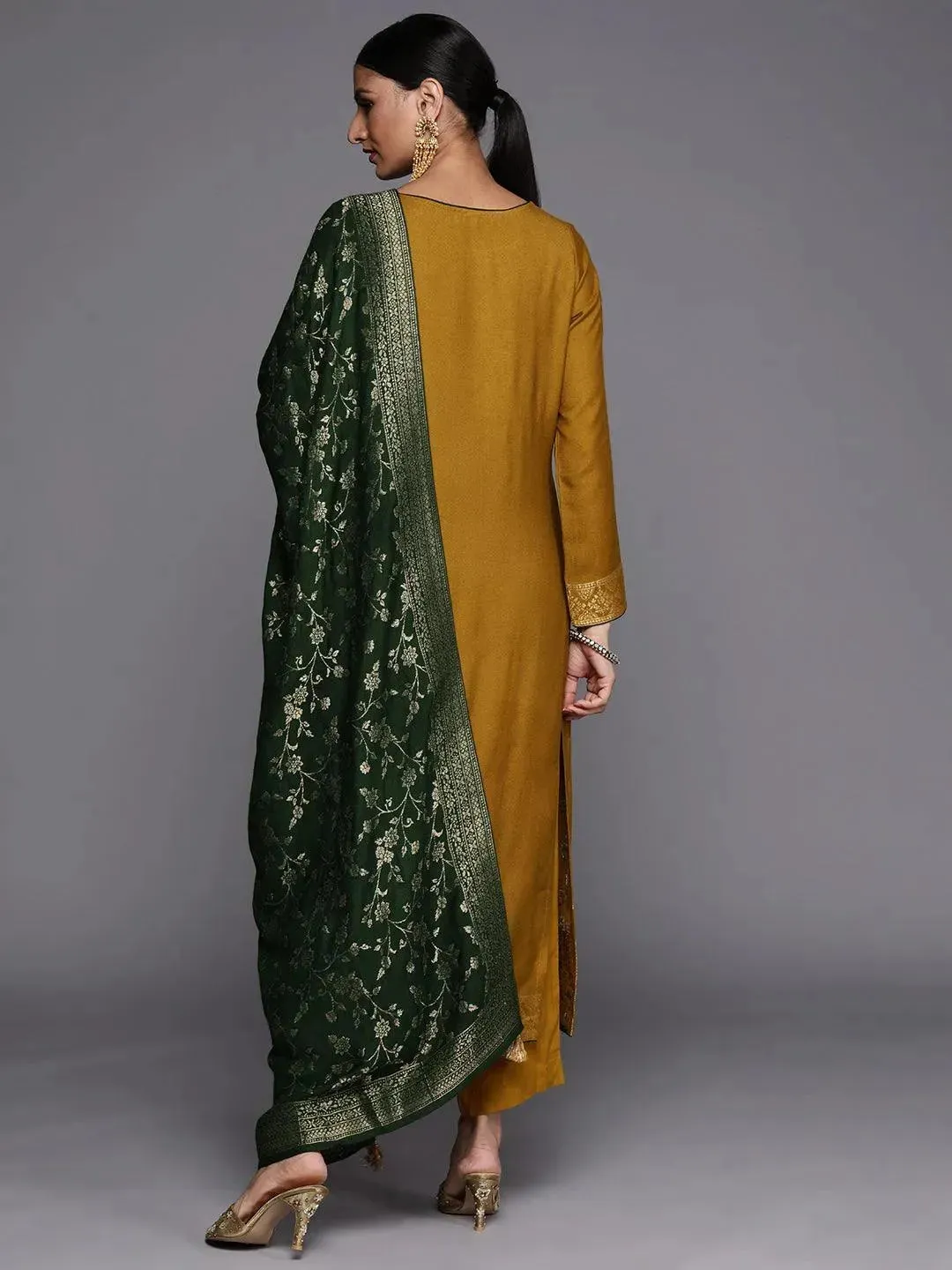 Mustard Self Design Pashmina Wool Straight Kurta With Dupatta
