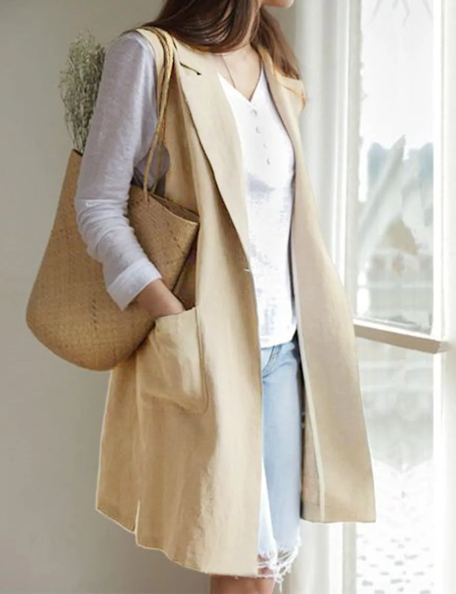 Mywinway Long Linen Vest Women 2024 Casual Fashion Button Down Vest Summer Sleeveless Blazer Jackets