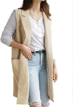 Mywinway Long Linen Vest Women 2024 Casual Fashion Button Down Vest Summer Sleeveless Blazer Jackets