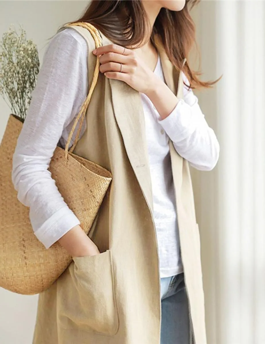 Mywinway Long Linen Vest Women 2024 Casual Fashion Button Down Vest Summer Sleeveless Blazer Jackets