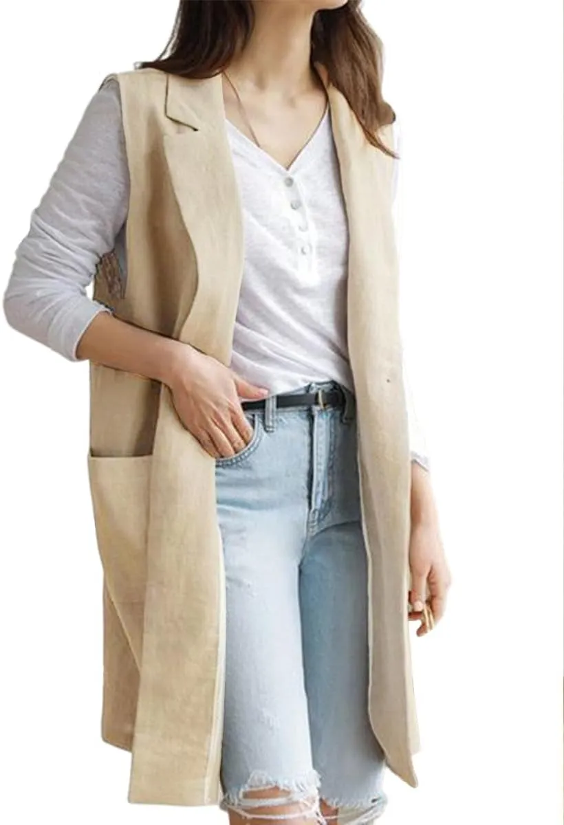 Mywinway Long Linen Vest Women 2024 Casual Fashion Button Down Vest Summer Sleeveless Blazer Jackets